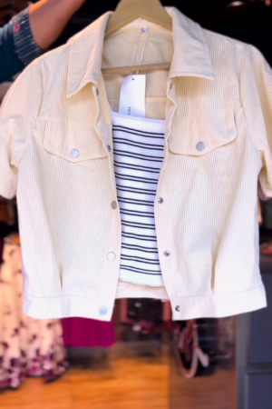 Beige Corduroy Crop Jacket with Black & White Striped Inner Top – Casual Chic Set