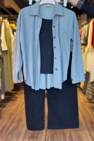 Dusty Blue Oversized Shirt with Black Inner Tank & Wide-Leg Pants – 3-Piece Co-Ord Set
