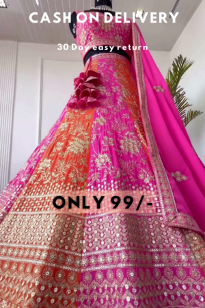 Sunset Blossom: Zari Embroidered Pink & Orange Lehenga Choli Set