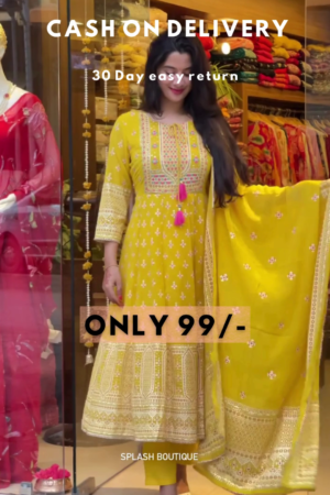 Mustard Bloom: Woven Anarkali Kurta & Trouser Set