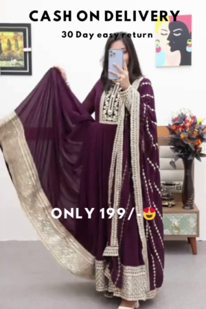 Deep Plum Radiance: Elegant Embroidered Anarkali Tunic & Dupatta Set