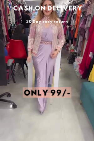 Lavender Luxe: Modern Pre-Stitched Saree with Embroidered Jacket & Belt Set